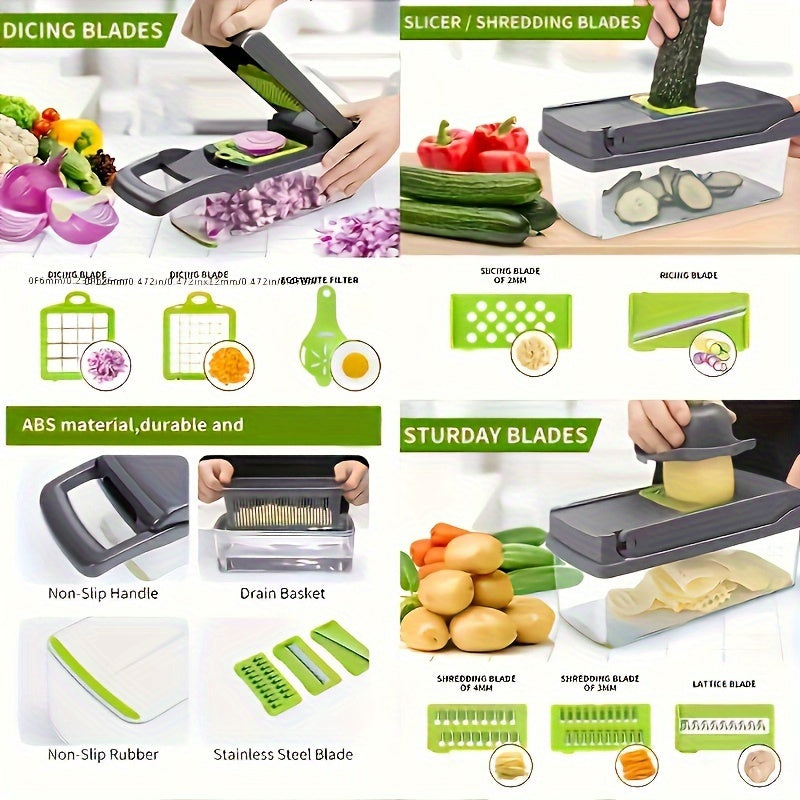 16-in-1 Multifunctional Vegetable Chopper & Slicer - Manual Kitchen Food Processor with Drain Basket